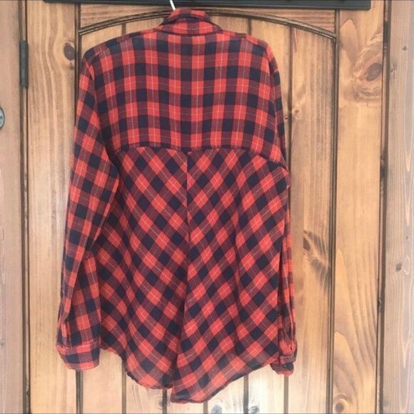 FP Free People Boho L/S plaid Top Gauzy Tunic Snaps Red Blue Relaxed Sz S EUC - Picture 7 of 12
